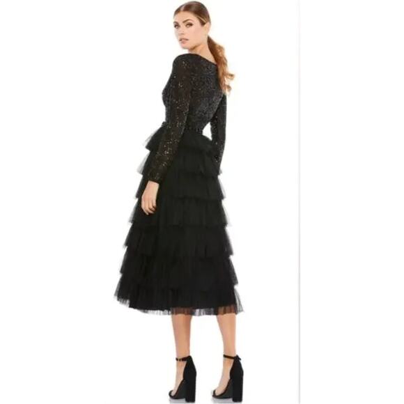 MAC DUGGAL IEENA Long Sleeve Ruffle Tiered Midi Dress 8 NEW